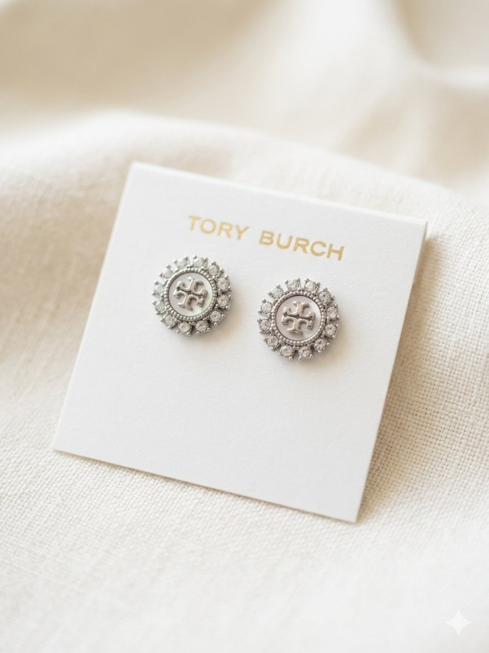 Tory Burch Silver Crystal Halo Logo Stud Earrings
